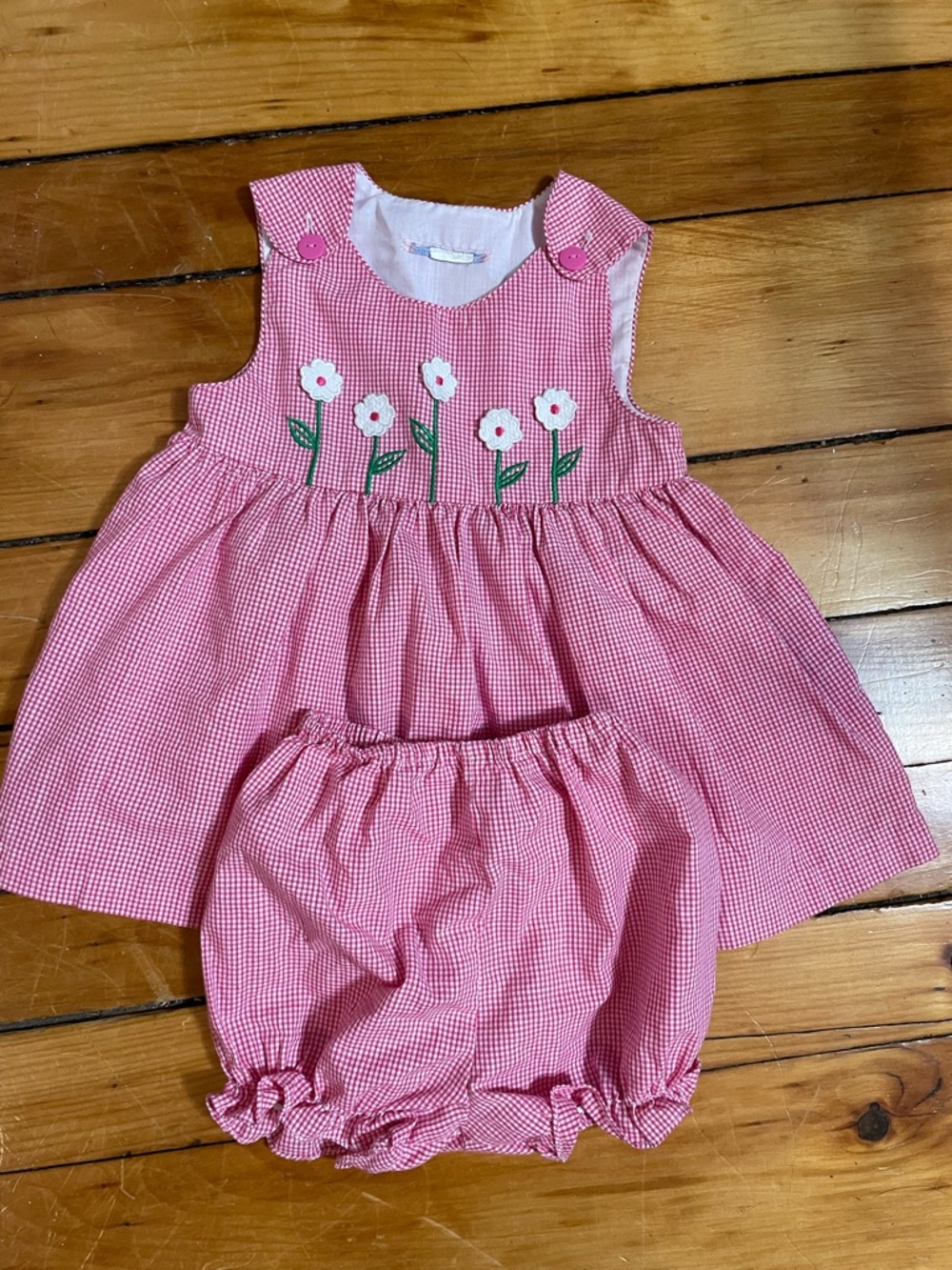 Pink Gingham Dress & Bloomers with Flower Embroidery